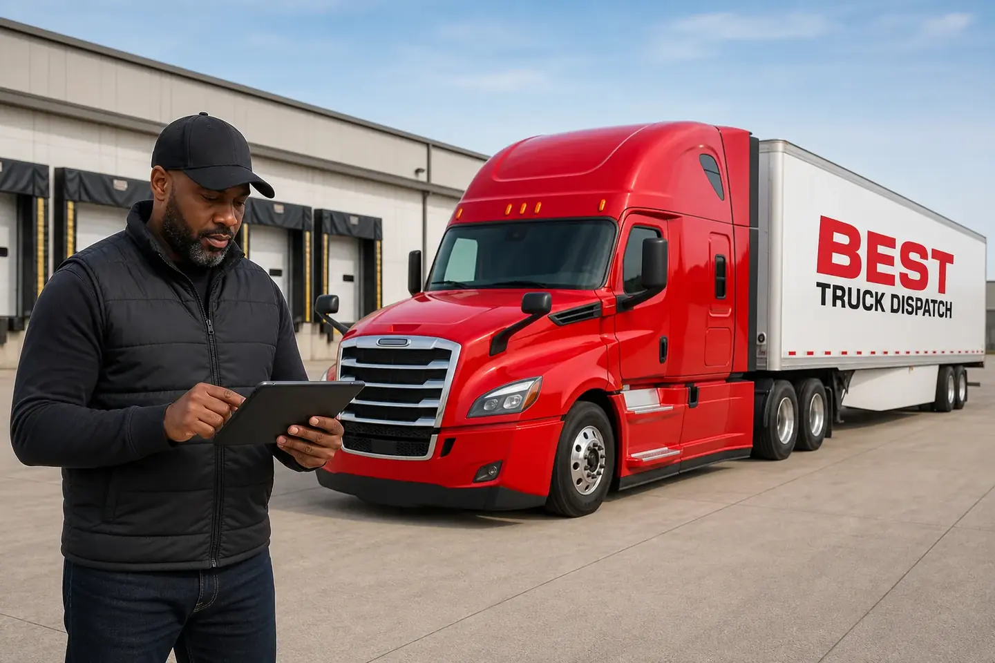 Owner operator reviewing load details beside a solid red Freightliner Cascadia and dry van trailer