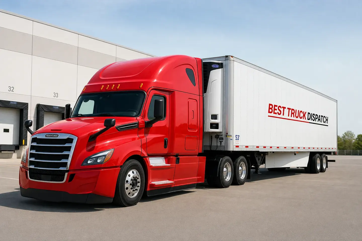 Solid red Freightliner Cascadia pulling a refrigerated reefer trailer at a distribution center