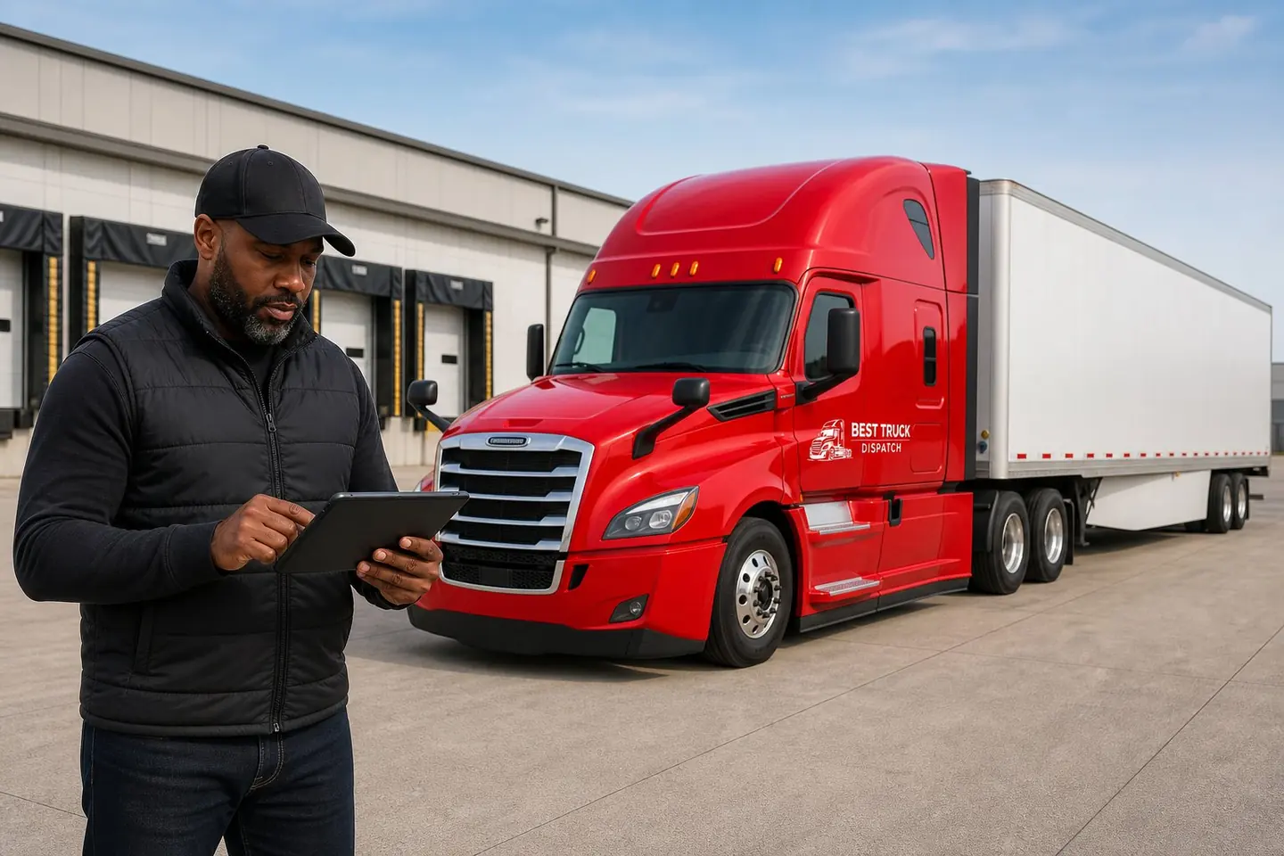 Owner operator reviewing dispatch details beside a solid red Best Truck Dispatch branded Freightliner-style tractor and plain white dry van trailer