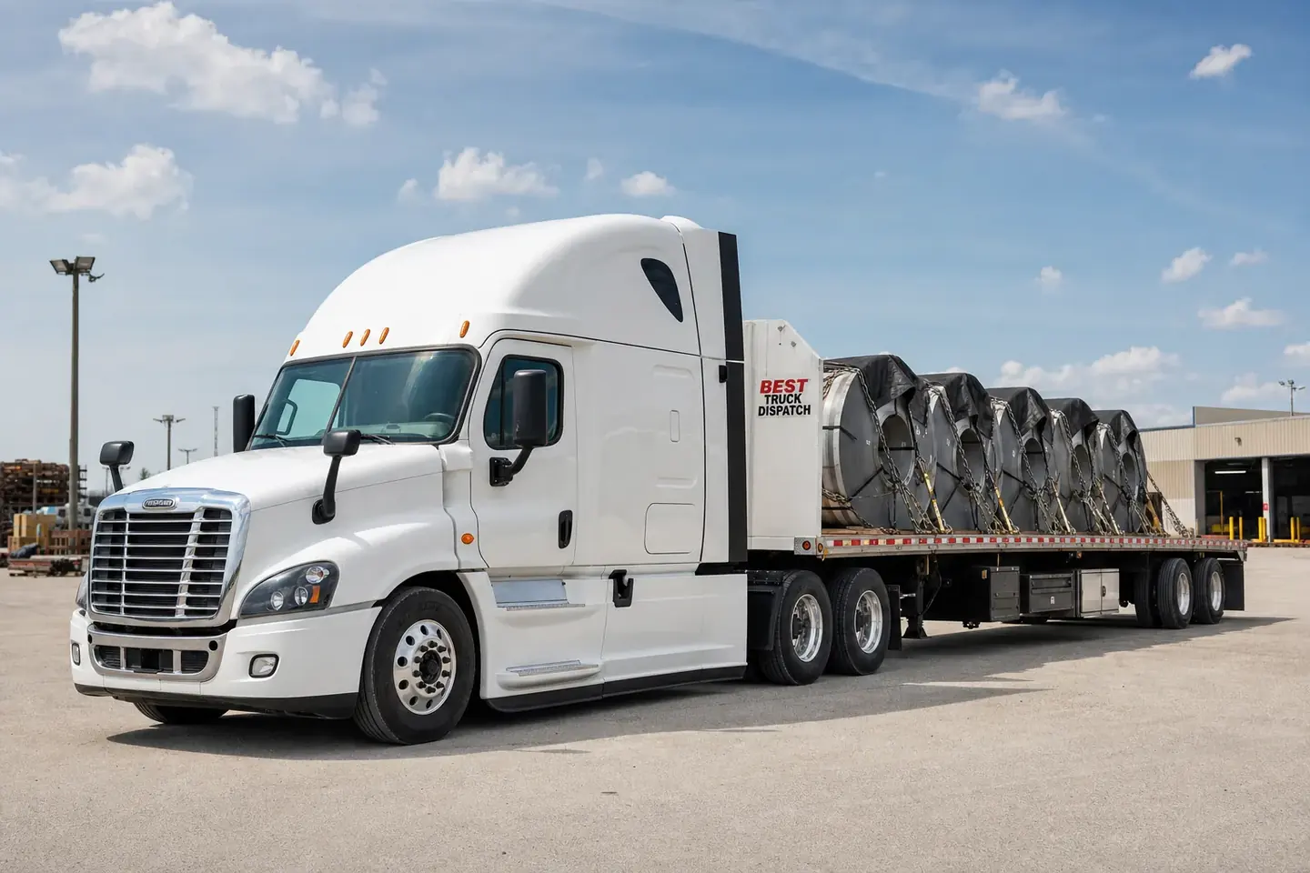 Solid white semi tractor pulling a flatbed trailer with professionally secured steel coil freight