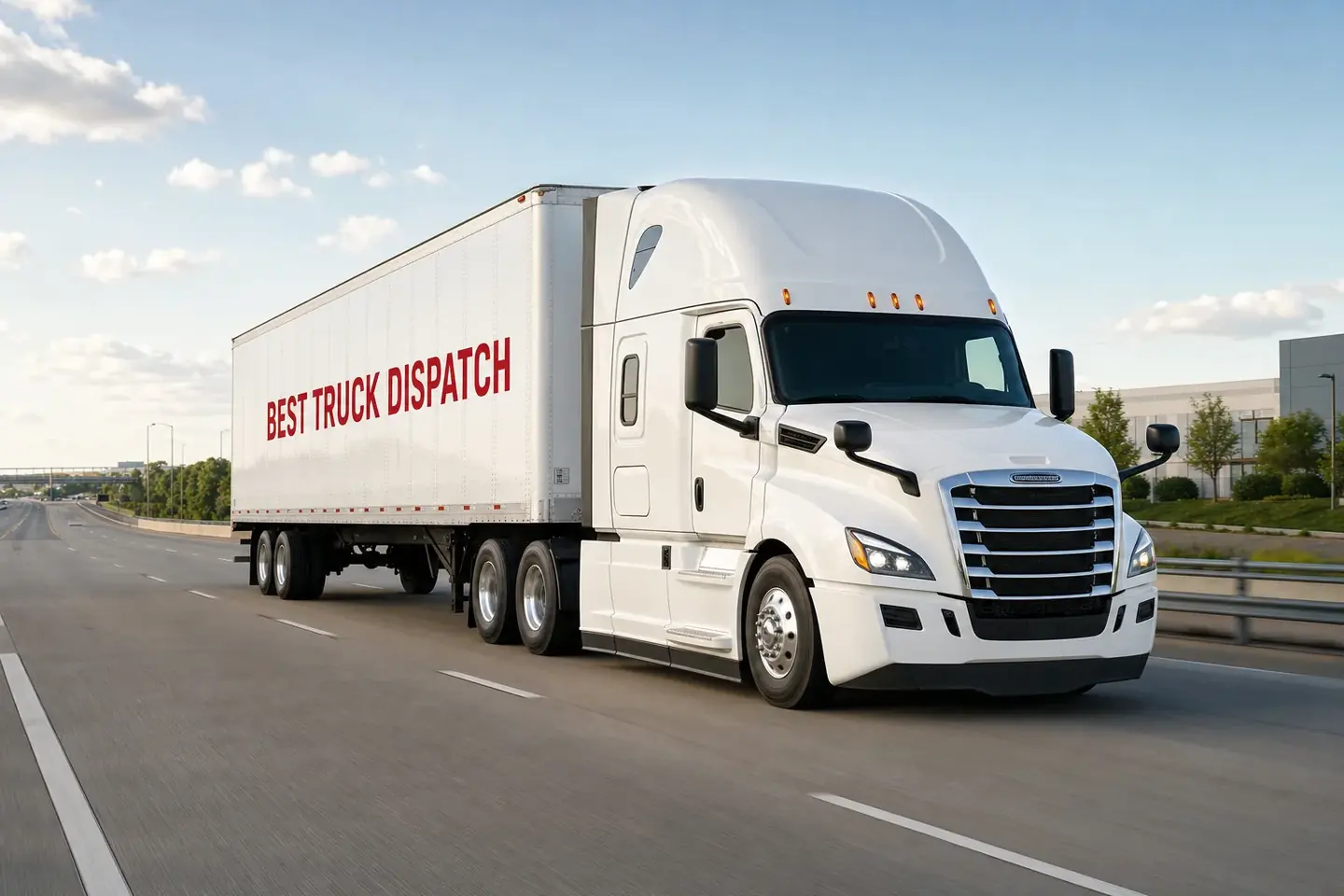 White Freightliner Cascadia pulling a 53-foot dry van trailer for nationwide truck dispatch service
