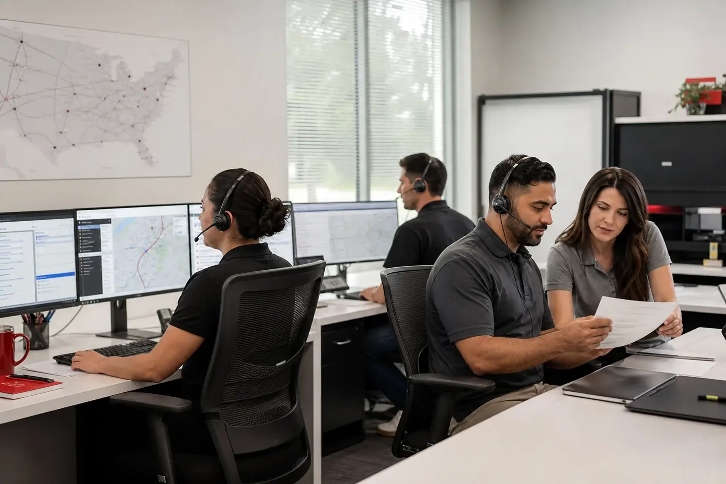 Professional truck dispatch team coordinating routes, broker calls, and carrier paperwork