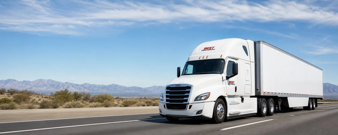 White Best Truck Dispatch branded semi tractor hauling a plain dry van trailer on a United States highway